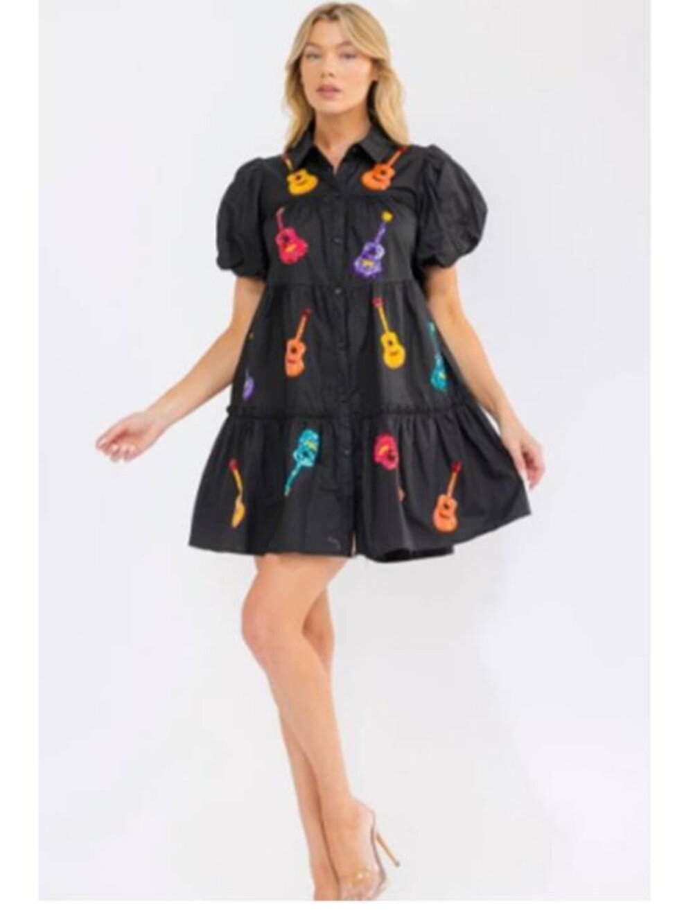 Womens Button Front Cotton Sequins Guitar Graphic Mini Dress Flowy Musical Black